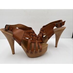 Bakers Women Tan Leather Strappy Platform Stiletto Heels Sandals Size 10